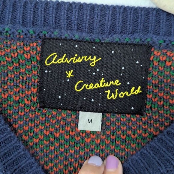 Advisry x Creature World Wool Blend Printed Knit Sweater Colorful Blue Medium M - Picture 4 of 6
